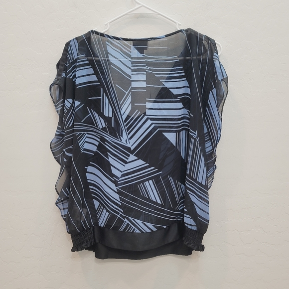 💕 Worthington Blue & Black Semi Sheer Blouse Top Women's Size Large Petite - Picture 9 of 10